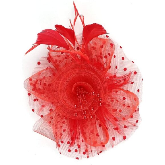 Elegant Red Flower Fascinator Hat – Feather Mesh Tea Party Headpiece for Women & - Picture 5 of 7